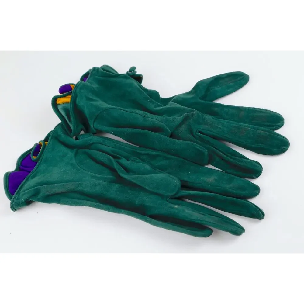 Vintage Emerald Green Suede Leather Colorblock Fan Ruffle Gloves Size 7.5
